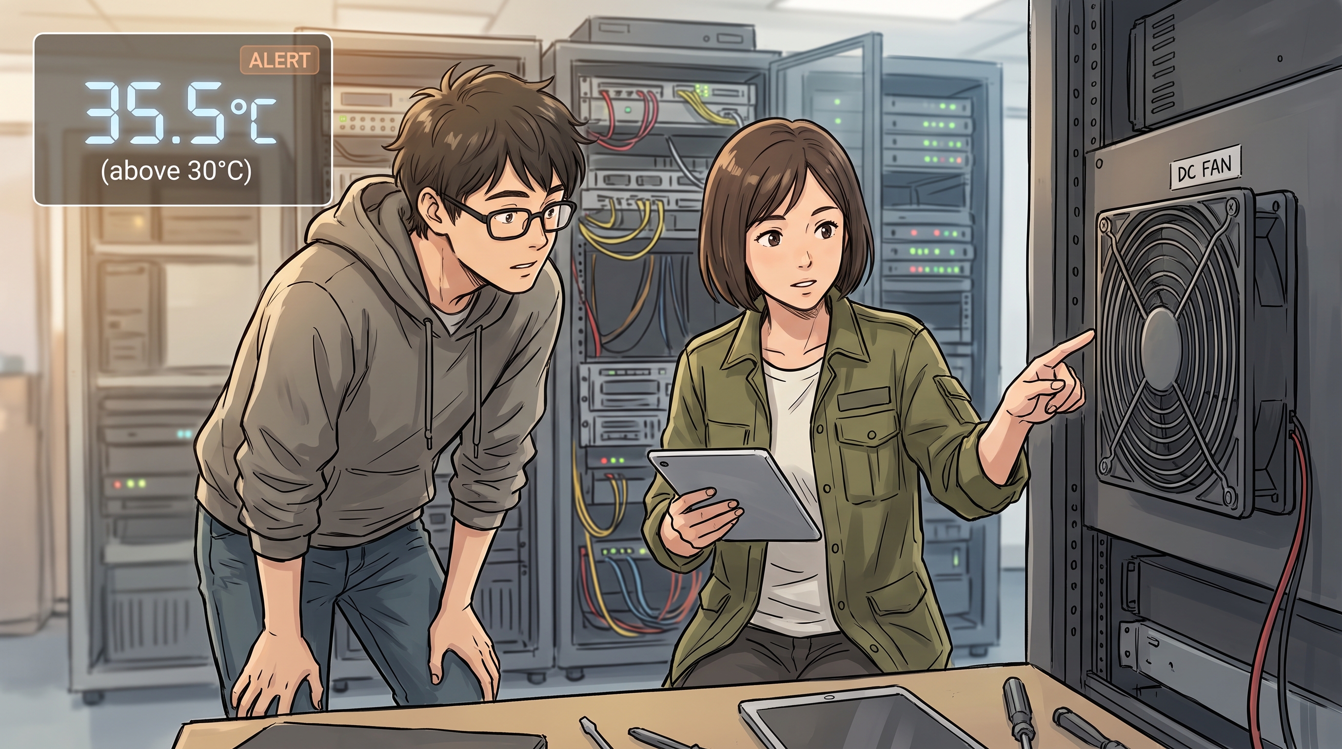 Engineers troubleshooting DC fan failure in server room